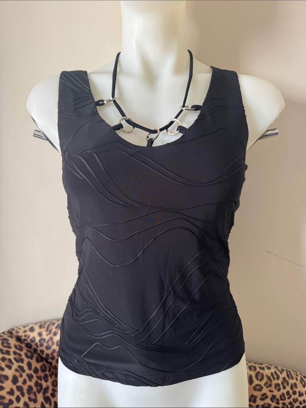 Y2K Black Textured Wave-Detail Halter Tank Top with Silver Hardware